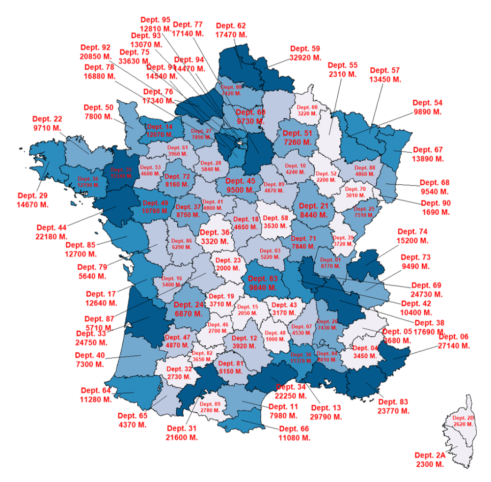 Carte du nombre de ventes de logements anciens cumulé sur 12 mois par département français (hors Mayotte) - Juin 2025 à mai 2026