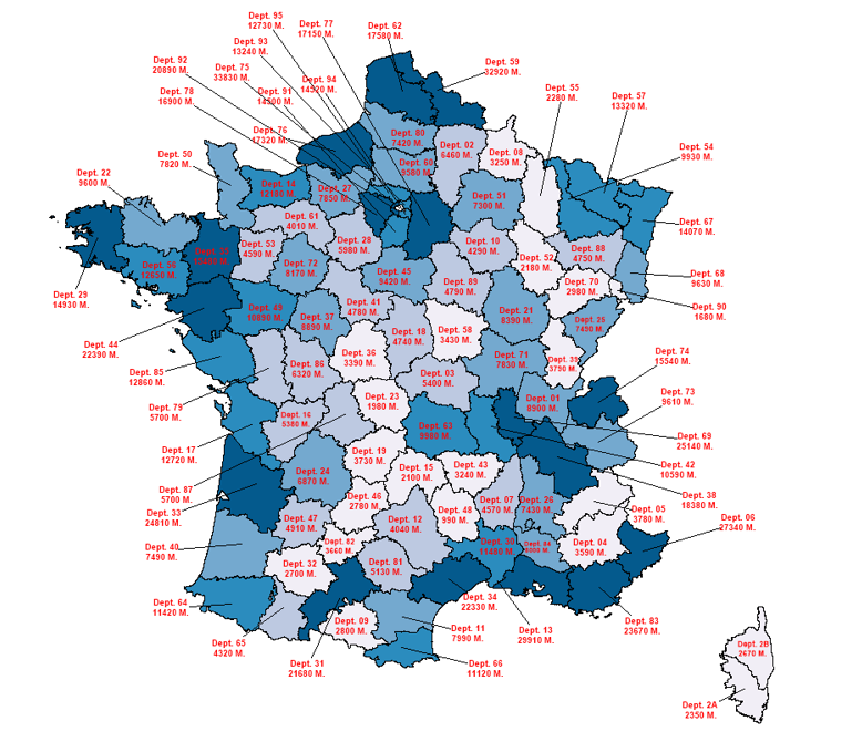 Carte du nombre de ventes de logements anciens cumulé sur 12 mois par département français (hors Mayotte) - août 2025 à juillet 2026